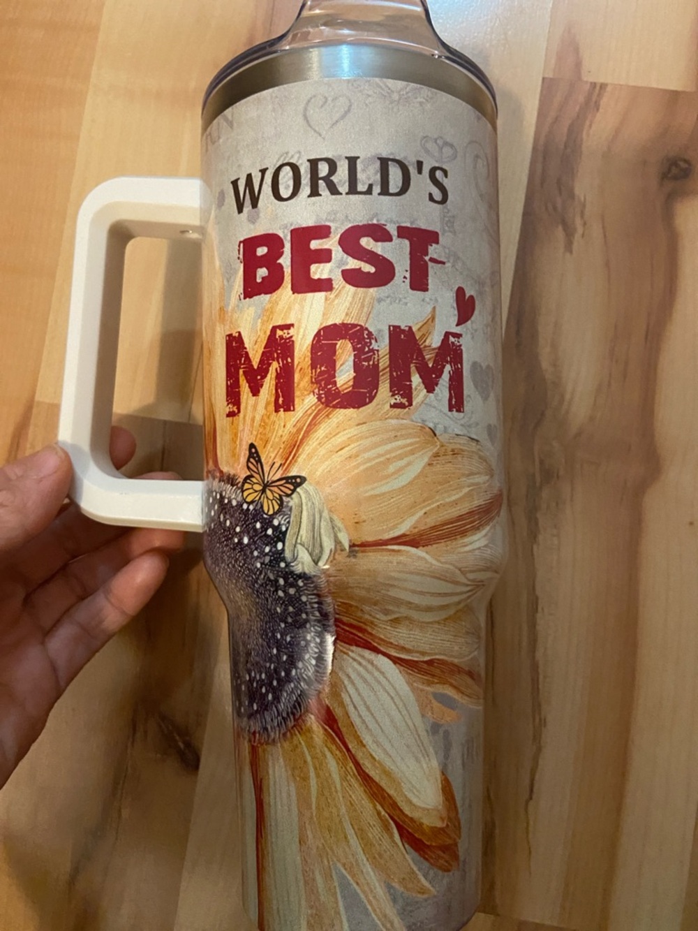 World's Best Mom Sunflower Travel Tumbler - White Handle